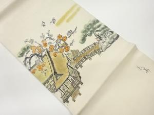 作家物　塩瀬手描き屋敷に花鳥模様開き名古屋帯（額縁仕立て）